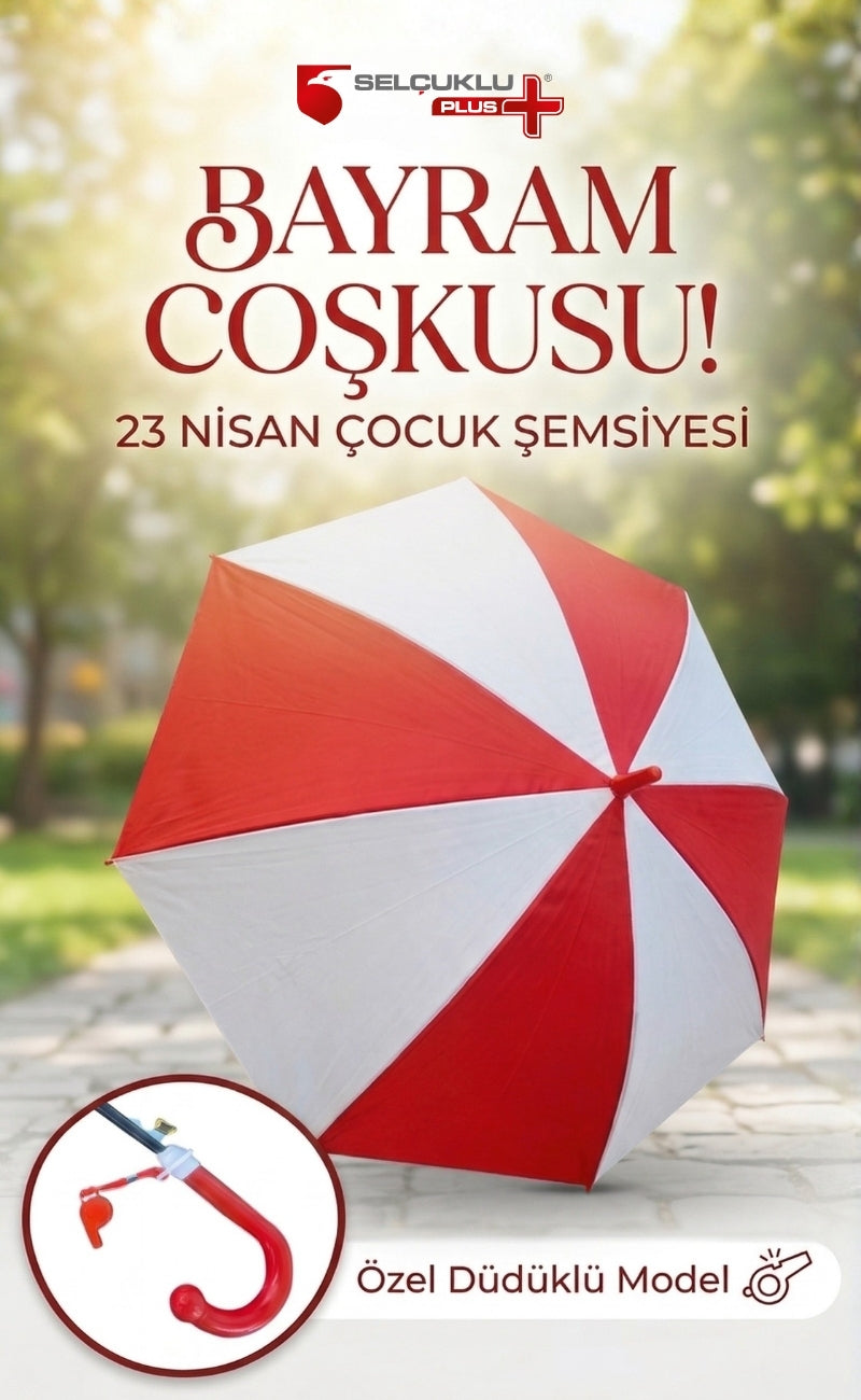 23 Nisan Kırmızı Beyaz Düdüklü | Bayrama Özel, Eğlenceli, Şık ve Dikkat Çeken Çocuk Şemsiyesi