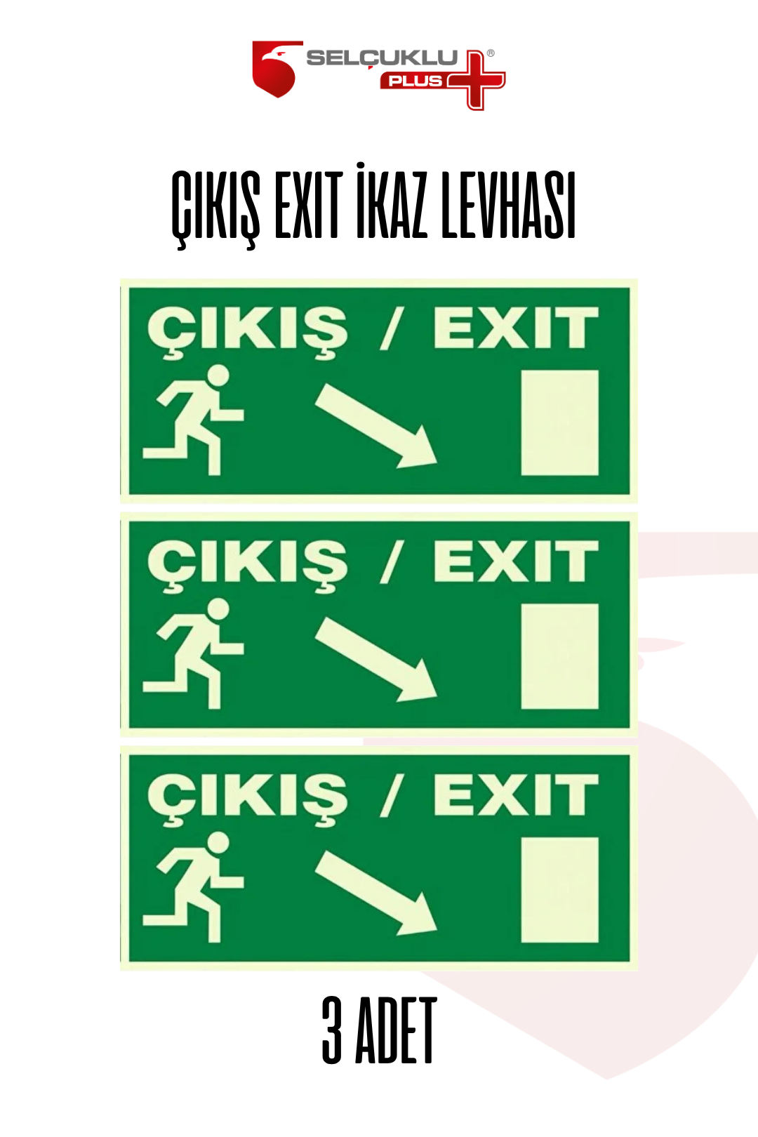 3'Lü Fotolümenli Acil Çıkış Levhası Yeşil Zemin Kalın Plastik 28,5x12 cm Yönlendirme Exit Tabelası