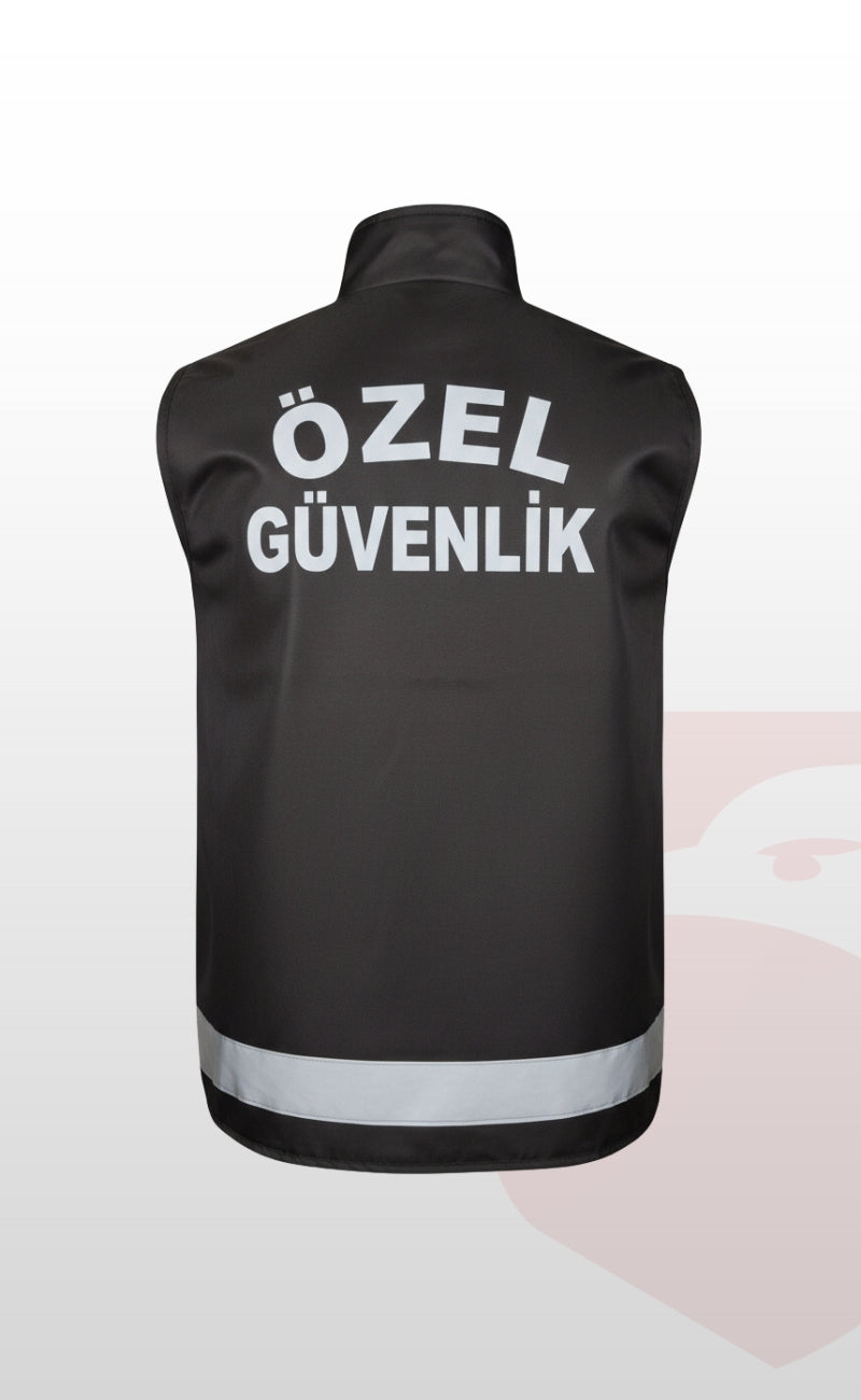 Yeni Tip Kadın Erkek Özel Güvenlik Yeleği Reflektörlü Armalı Siyah – Su Geçirmez Kumaş, Kışlık ve Yazlık Kullanıma Uygun