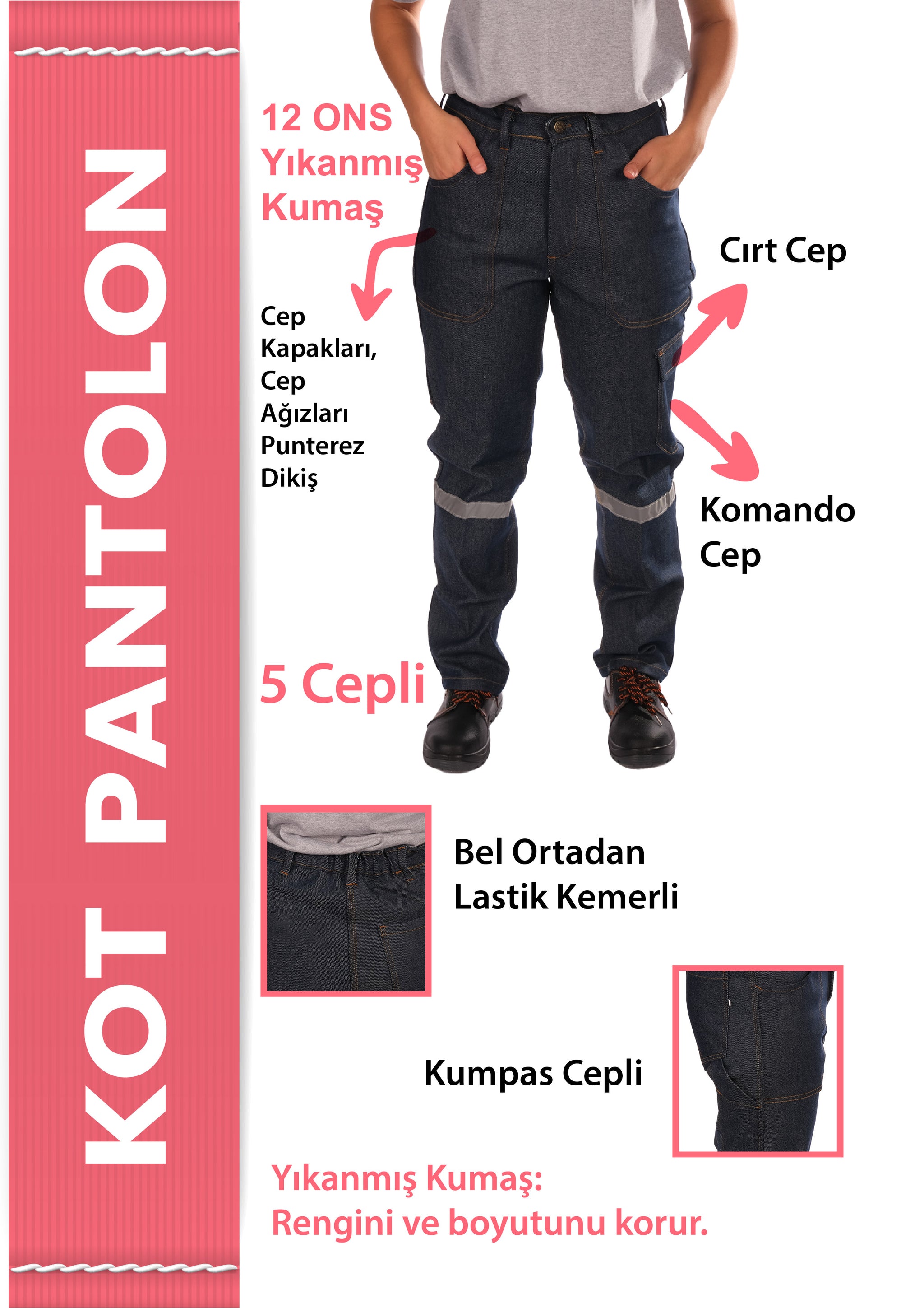 5 Cepli Reflektörlü Kot İş Pantolonu – 12 Ons Kumaş – Uzun Ömürlü ve Sağlam İş Pantolonu
