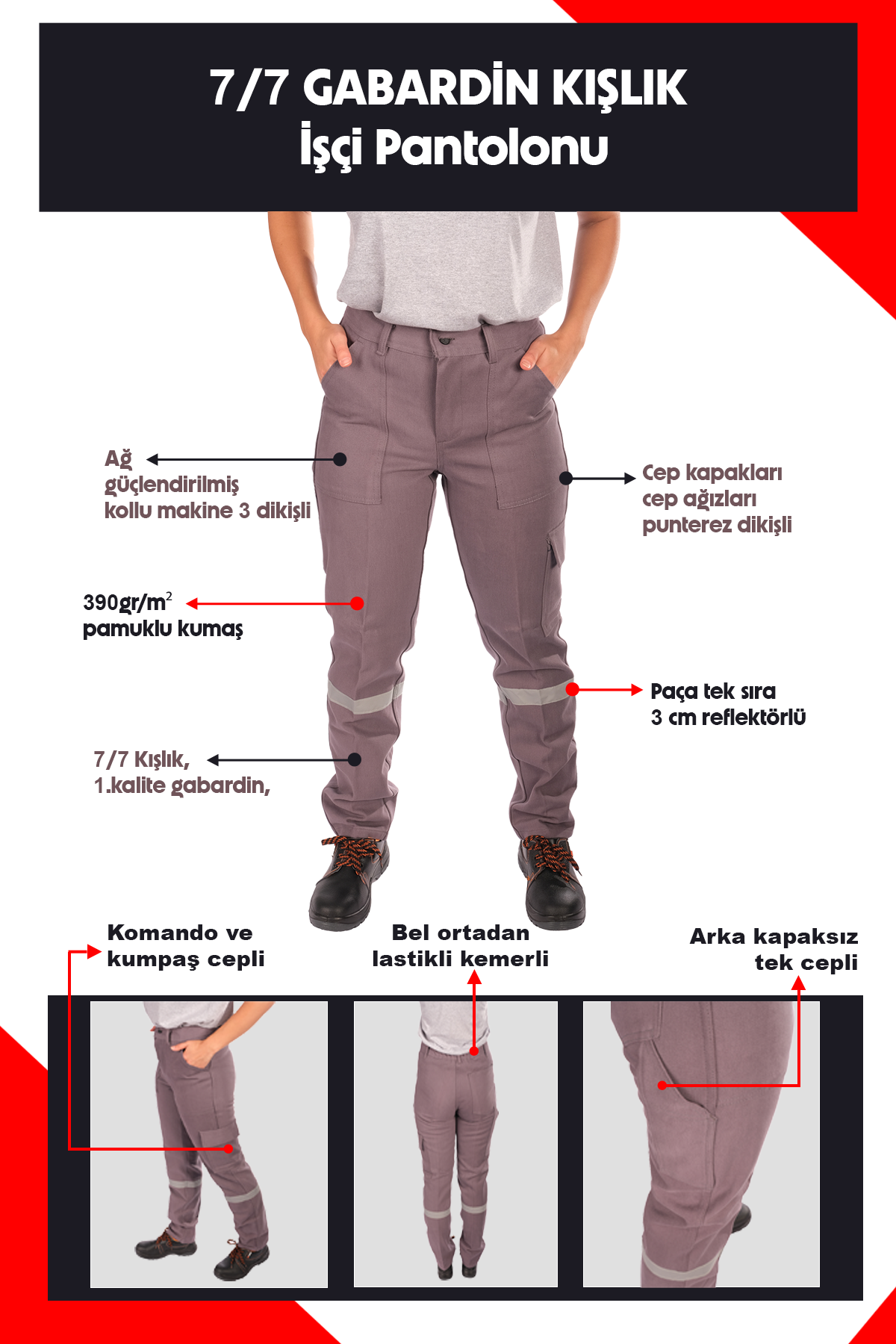 7/7 Gabardin Kışlık İşçi Pantolonu Tek Reflektörlü Kalın İş Pantolonu