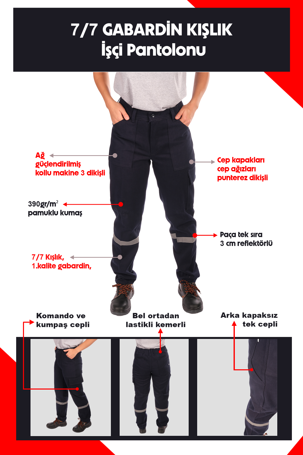 7/7 Gabardin Kışlık İşçi Pantolonu Tek Reflektörlü Kalın İş Pantolonu