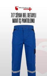 7/7 Siyah Bel Detaylı Mavi Reflektörlü İş Pantolonu, Dayanıklı ve Rahat Model