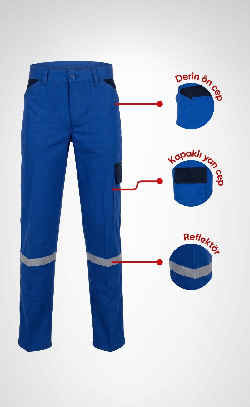 7/7 Siyah Bel Detaylı Mavi Reflektörlü İş Pantolonu, Dayanıklı ve Rahat Model