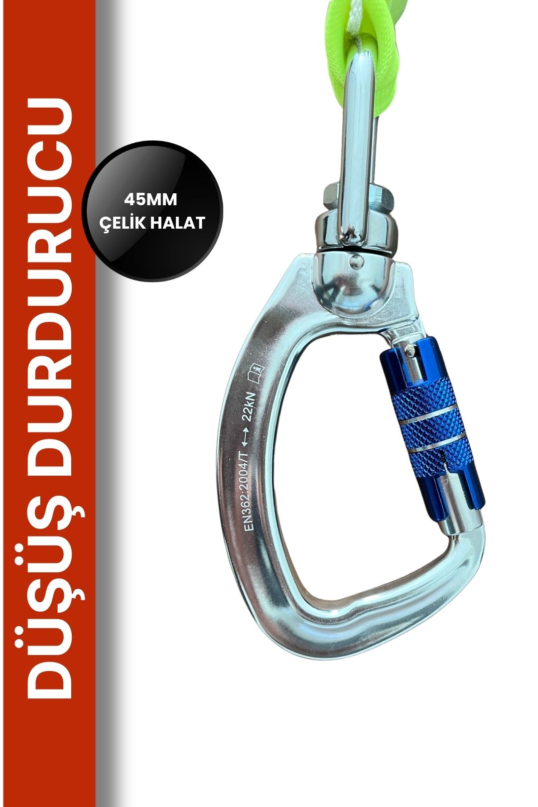 Eksed Geri Sarımlı Düşüş Durdurucu 2,5 Metre Çelik Halatlı Karabinalı Yüksekte Çalışma Emniyet Sistemi