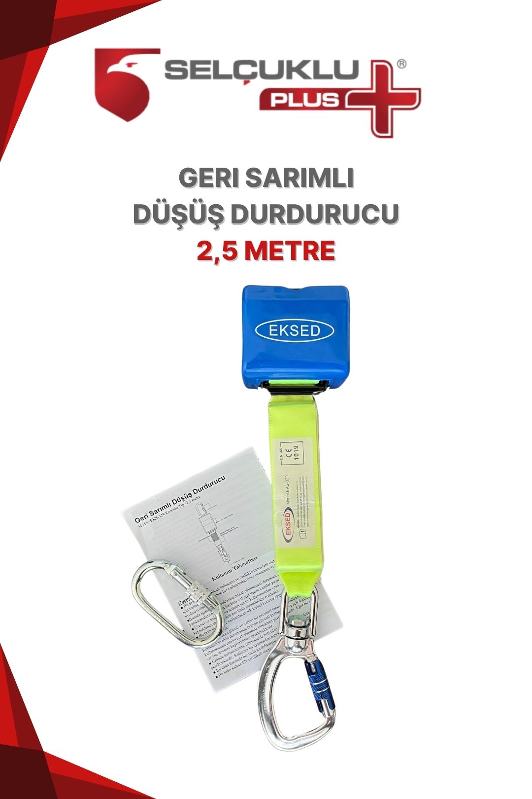 Eksed Geri Sarımlı Düşüş Durdurucu 2,5 Metre Çelik Halatlı Karabinalı Yüksekte Çalışma Emniyet Sistemi