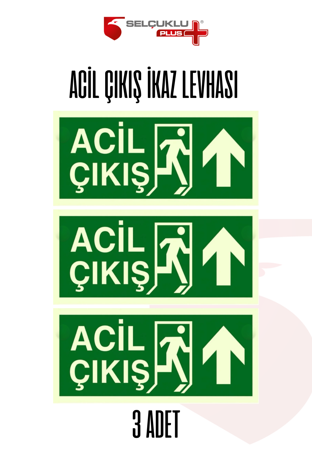 3'Lü Fotolümenli Acil Çıkış Levhası Kalın Plastik Yukarı Ok Fosforlu Yön Tabelası 28,5x12 cm