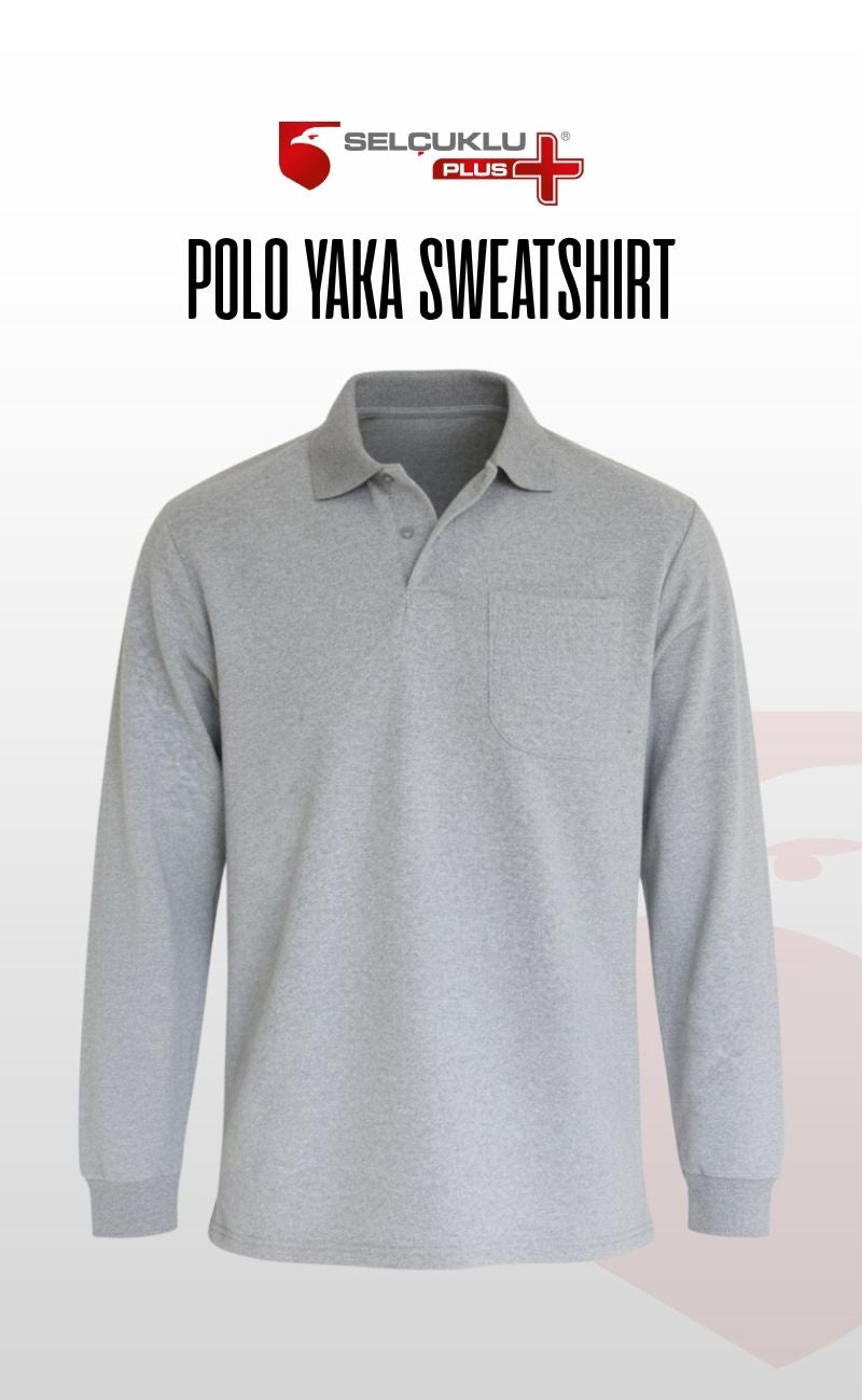 Gri Polo Yaka Sweatshirt – 2 İplik Kumaş, Uzun Kollu Rahat İş Elbisesi ve Günlük Kullanıma Uygun Erkek Üst Giyim