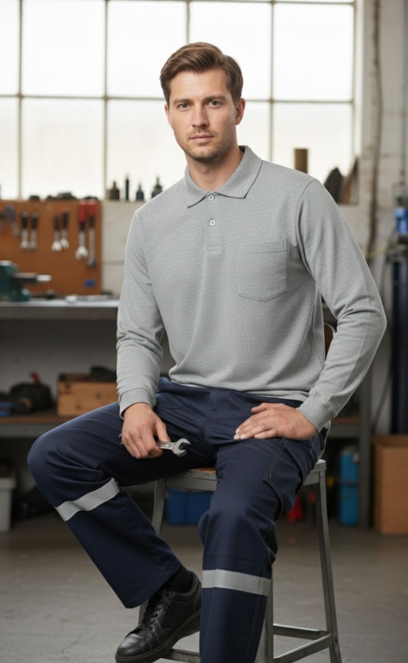 Gri Polo Yaka Sweatshirt – 2 İplik Kumaş, Uzun Kollu Rahat İş Elbisesi ve Günlük Kullanıma Uygun Erkek Üst Giyim