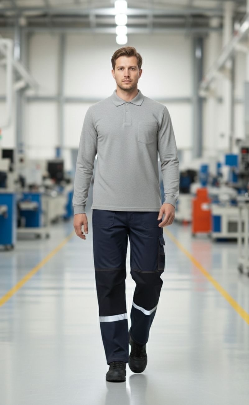 Gri Polo Yaka Sweatshirt – 2 İplik Kumaş, Uzun Kollu Rahat İş Elbisesi ve Günlük Kullanıma Uygun Erkek Üst Giyim