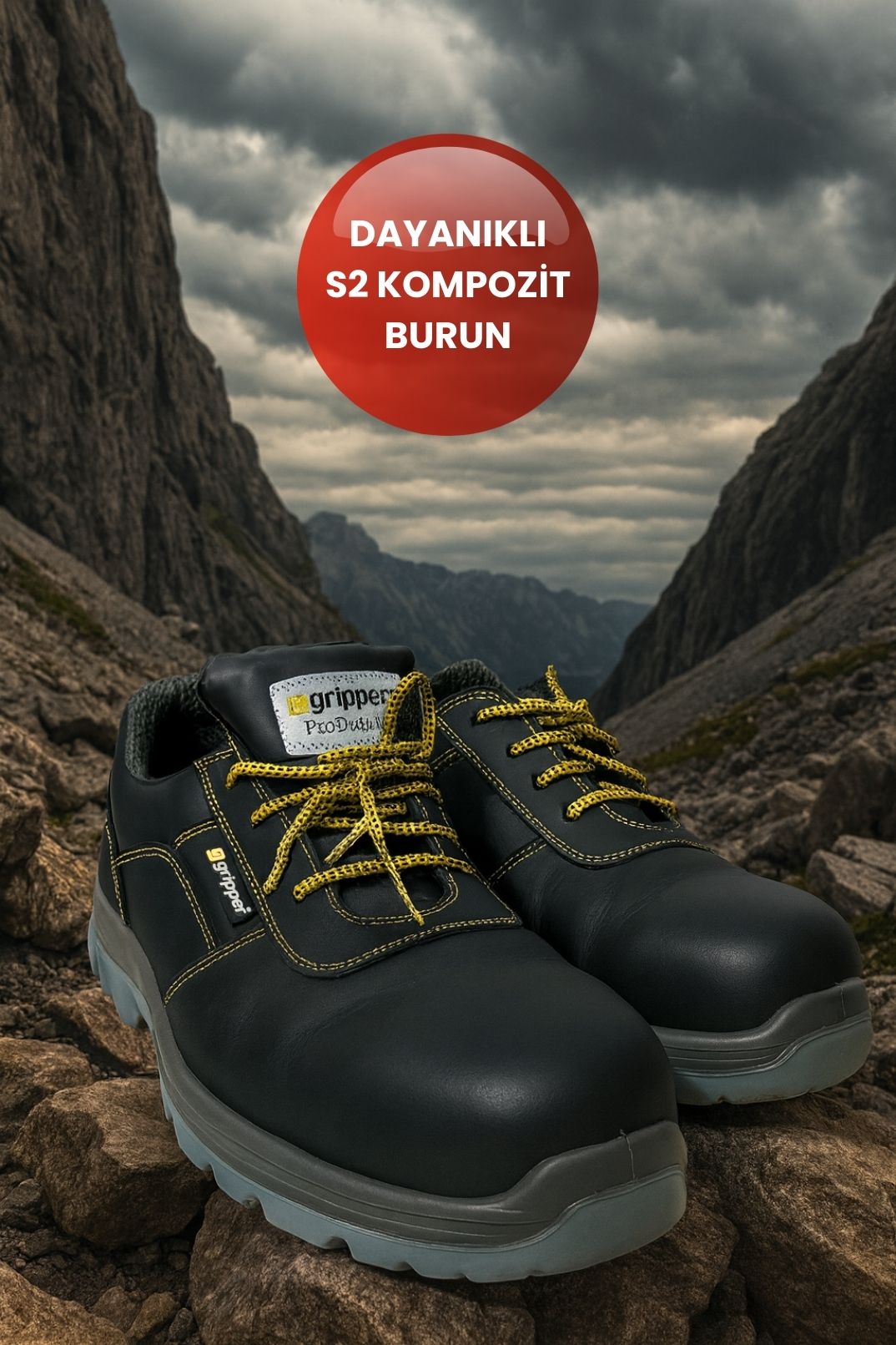 Gripper Kompozit Burunlu İş Güvenliği Ayakkabısı | Vibram Taban, Siyah Deri, GPR-124
