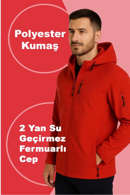 Kışlık Softshell Mont – Kırmızı & Siyah | Su ve Rüzgar Geçirmez İş Montu