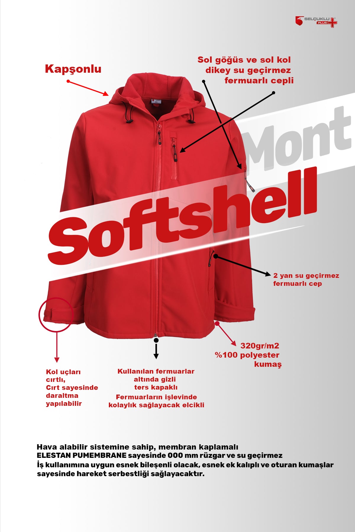 Kışlık Softshell Mont – Kırmızı & Siyah | Su ve Rüzgar Geçirmez İş Montu