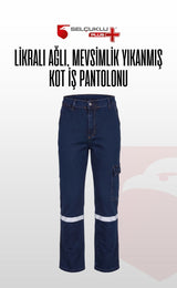 Likralı Ağlı Kot İş Pantolonu, Mevsimlik, Yıkanmış, Reflektörlü ve Kargo Cepli Model