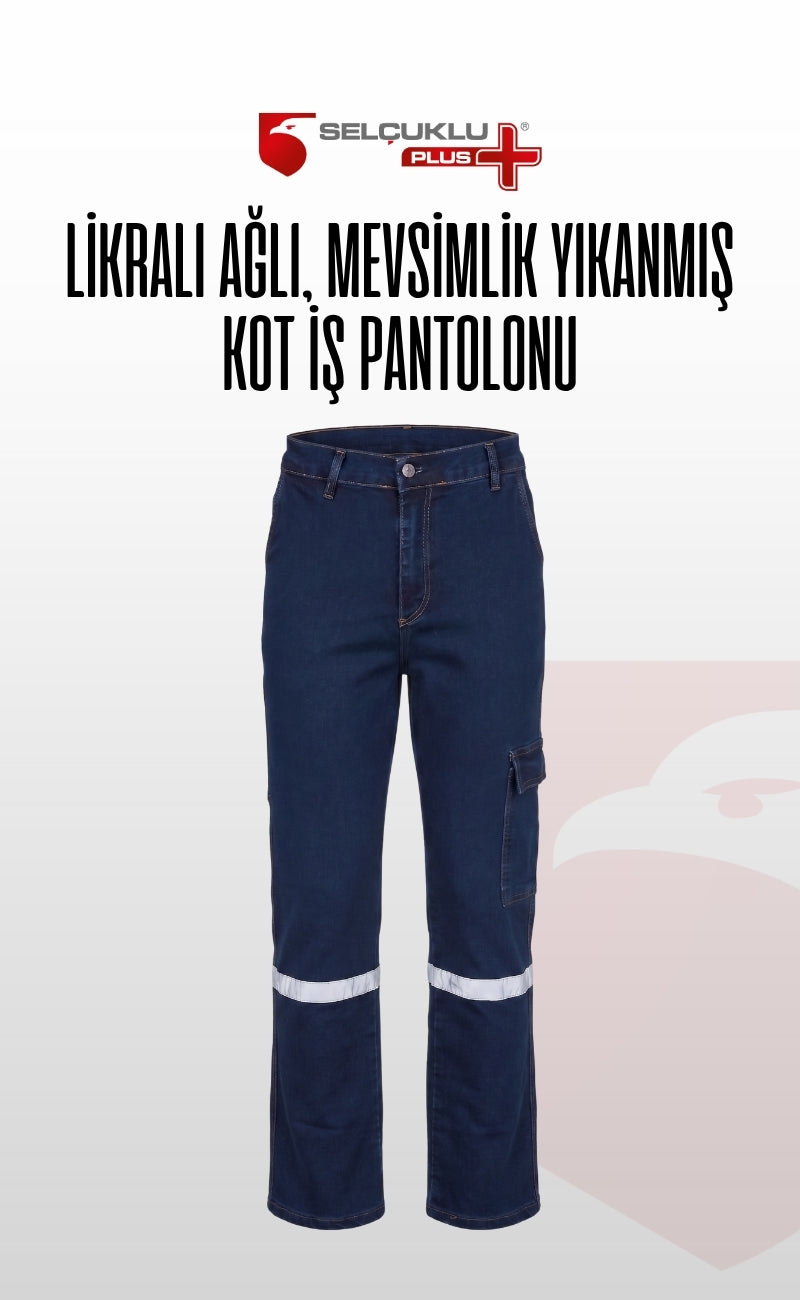 Likralı Ağlı Kot İş Pantolonu, Mevsimlik, Yıkanmış, Reflektörlü ve Kargo Cepli Model