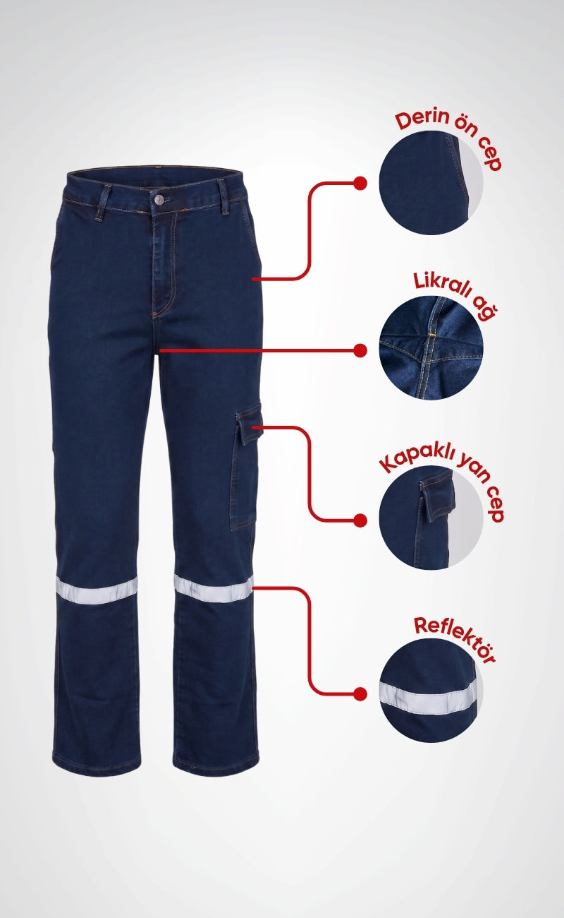 Likralı Ağlı Kot İş Pantolonu, Mevsimlik, Yıkanmış, Reflektörlü ve Kargo Cepli Model