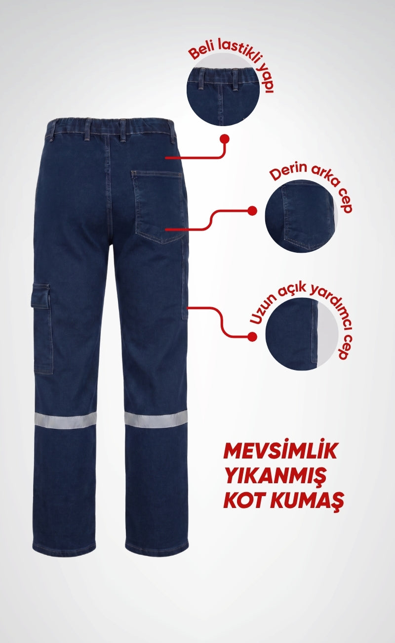 Likralı Ağlı Kot İş Pantolonu, Mevsimlik, Yıkanmış, Reflektörlü ve Kargo Cepli Model