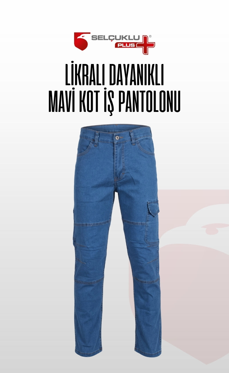 Likralı, Diz Dikişli, Kargo Cepli, Esnek, Dayanıklı Mavi Kot İş Pantolonu