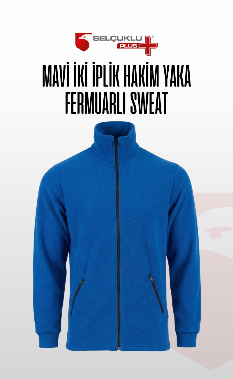 Mavi 2 iplik Hakim Yaka Fermuarlı Sweat