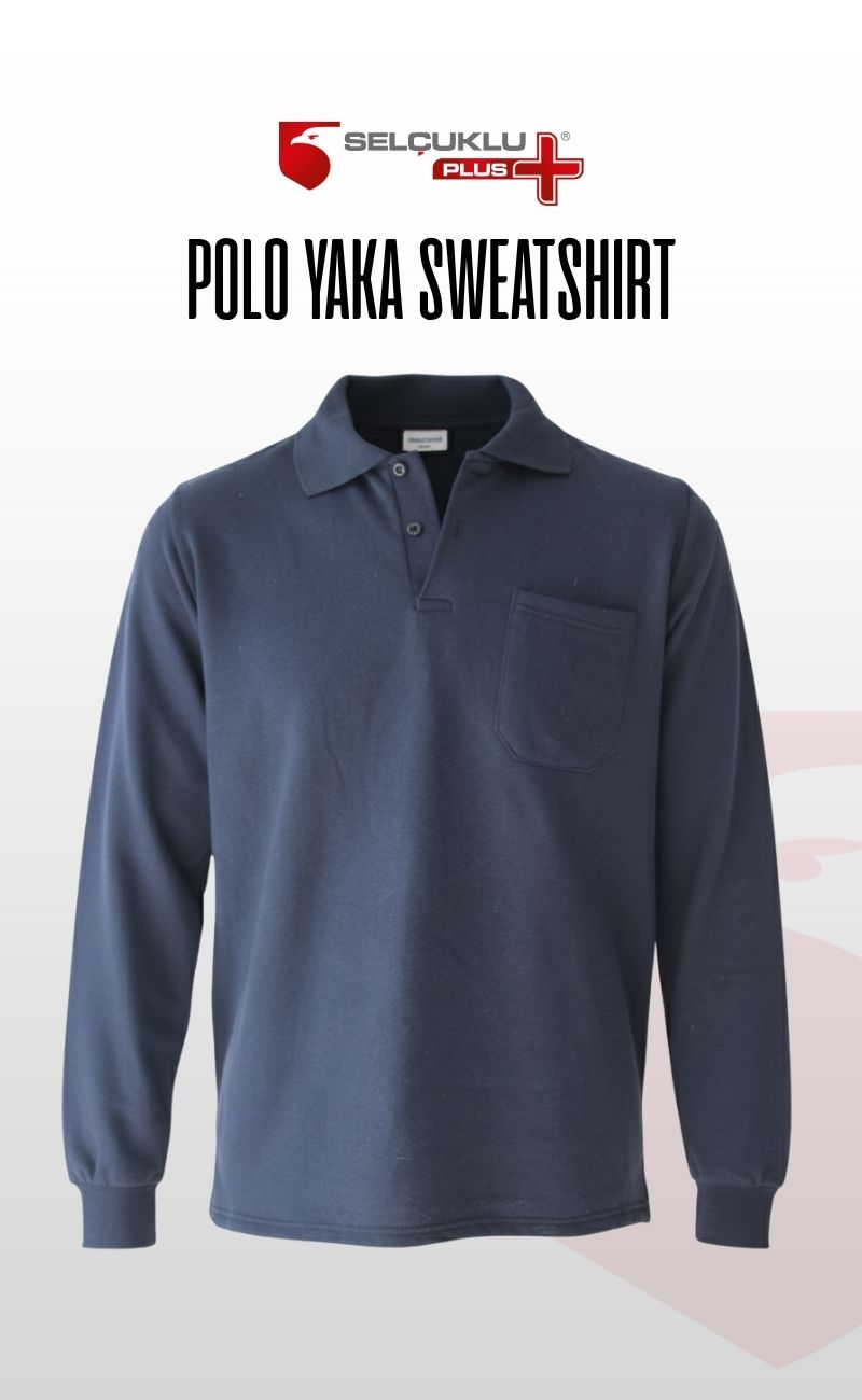 Polo Yaka Sweatshirt – Lacivert 2 İplik Kumaş, Uzun Kollu Rahat İş Elbisesi