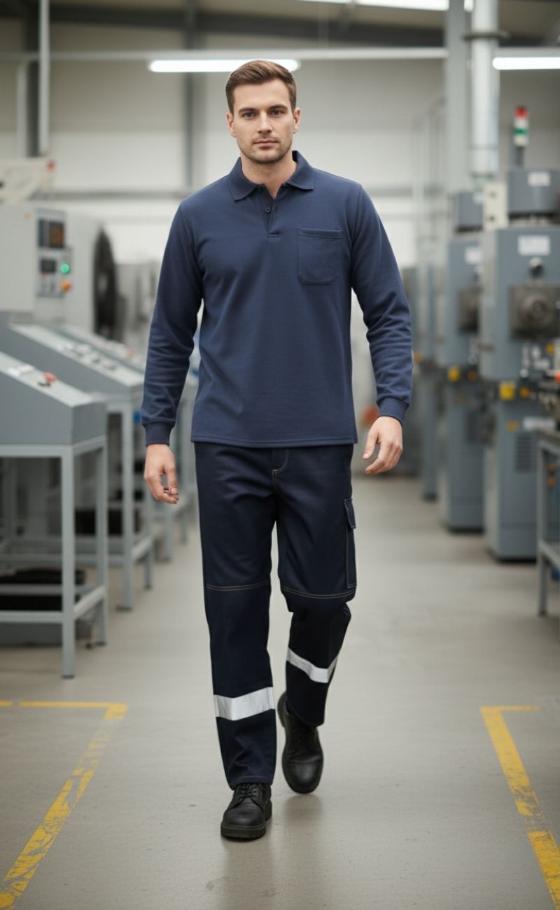 Polo Yaka Sweatshirt – Lacivert 2 İplik Kumaş, Uzun Kollu Rahat İş Elbisesi