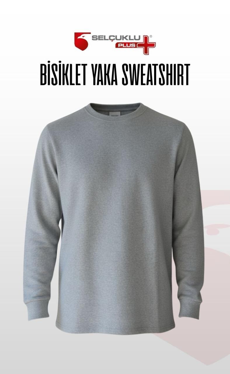 O (Bisiklet) Yaka Sweatshirt – Gri 2 İplik Kumaş, Uzun Kollu Rahat İş Elbisesi