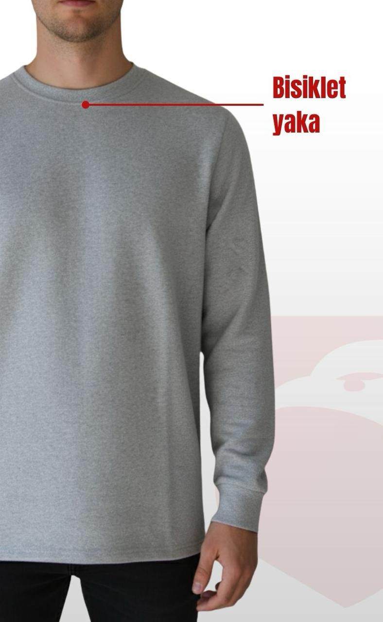 O (Bisiklet) Yaka Sweatshirt – Gri 2 İplik Kumaş, Uzun Kollu Rahat İş Elbisesi