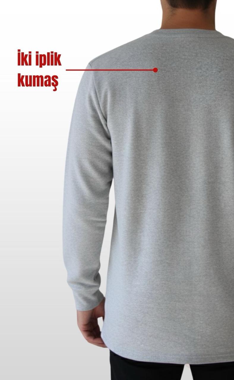 O (Bisiklet) Yaka Sweatshirt – Gri 2 İplik Kumaş, Uzun Kollu Rahat İş Elbisesi