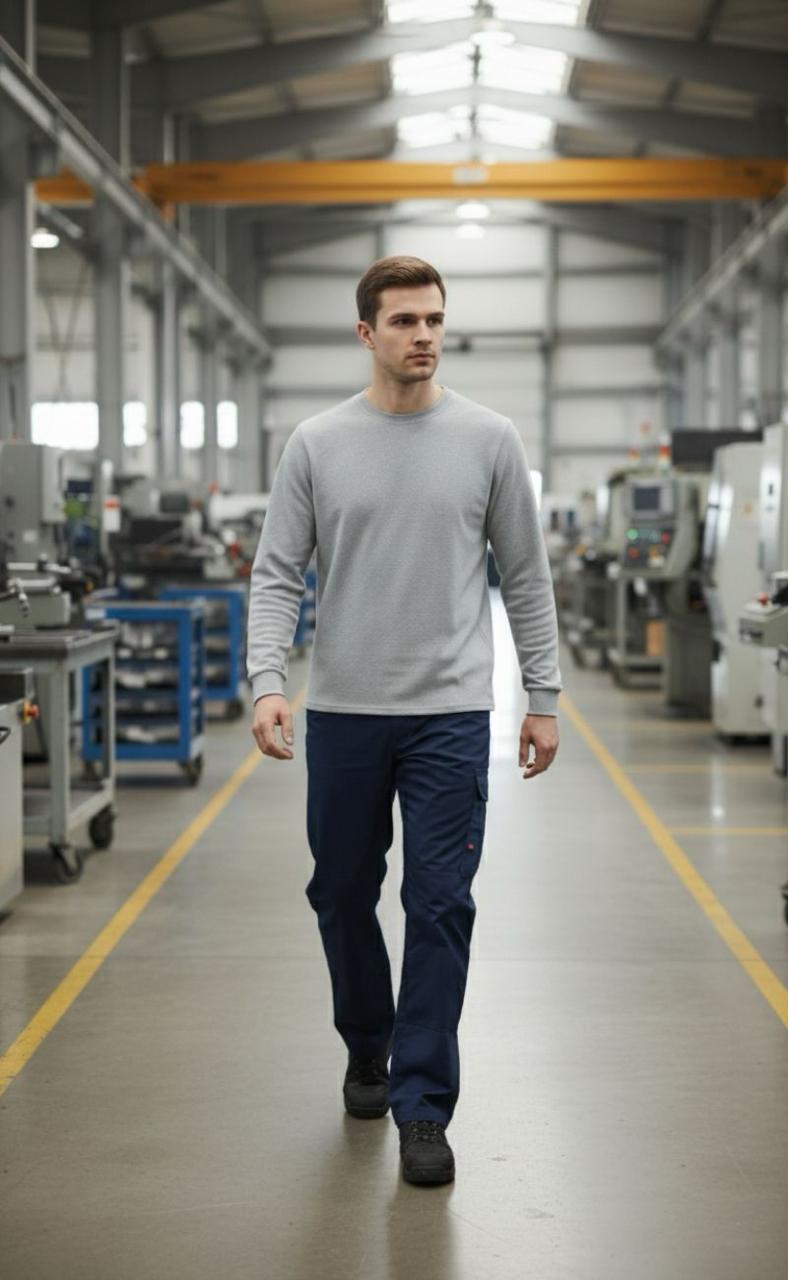 O (Bisiklet) Yaka Sweatshirt – Gri 2 İplik Kumaş, Uzun Kollu Rahat İş Elbisesi