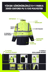 Oxford Reflektörlü 5+1 Parka Mont Yüksek Görünürlüklü Mont İş Kabanı