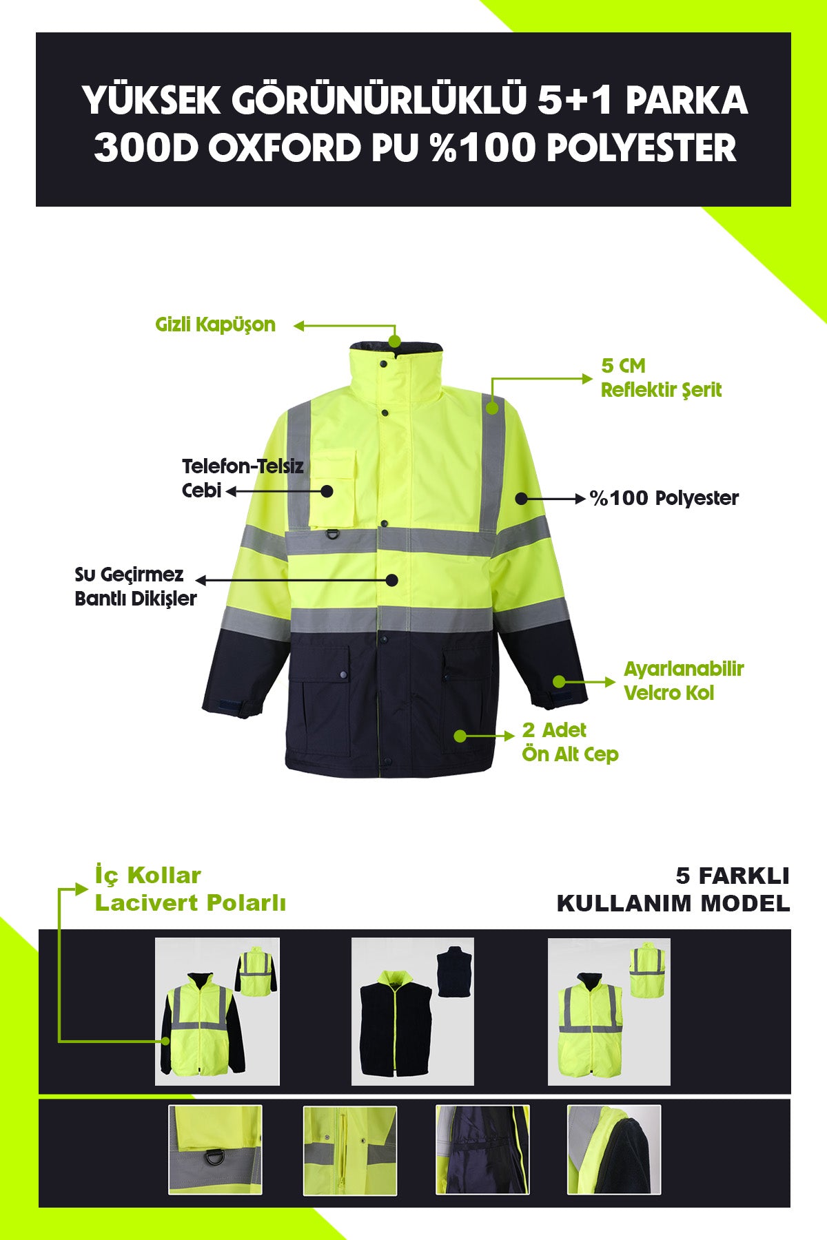 Oxford Reflektörlü 5+1 Parka Mont Yüksek Görünürlüklü Mont İş Kabanı