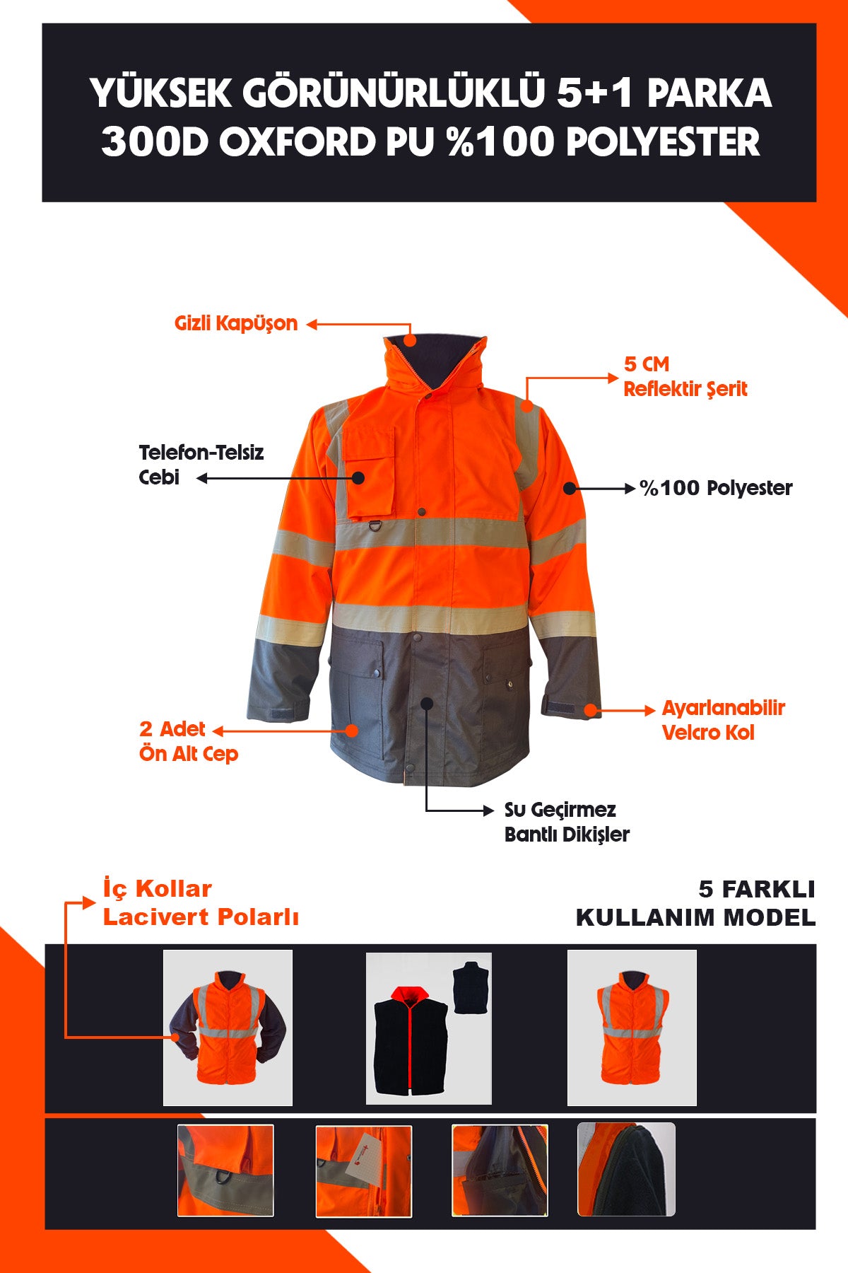 Oxford Reflektörlü 5+1 Parka Mont Yüksek Görünürlüklü Mont İş Kabanı