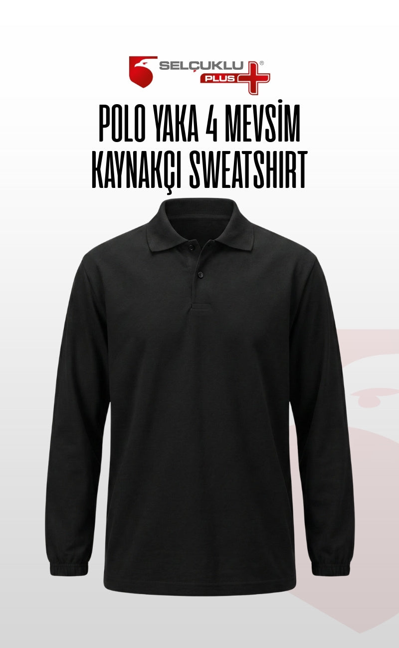 Polo Yaka Kaynakçı Sweatshirt Siyah – Ön Yüz Kot Kumaş Arka Penye İş Elbisesi