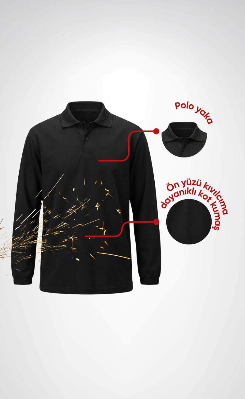 Polo Yaka Kaynakçı Sweatshirt Siyah – Ön Yüz Kot Kumaş Arka Penye İş Elbisesi