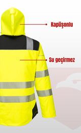 Portwest T400 PW3 Hi-Vis Kışlık Reflektörlü Su Geçirmez Kapüşonlu Sarı İş Montu