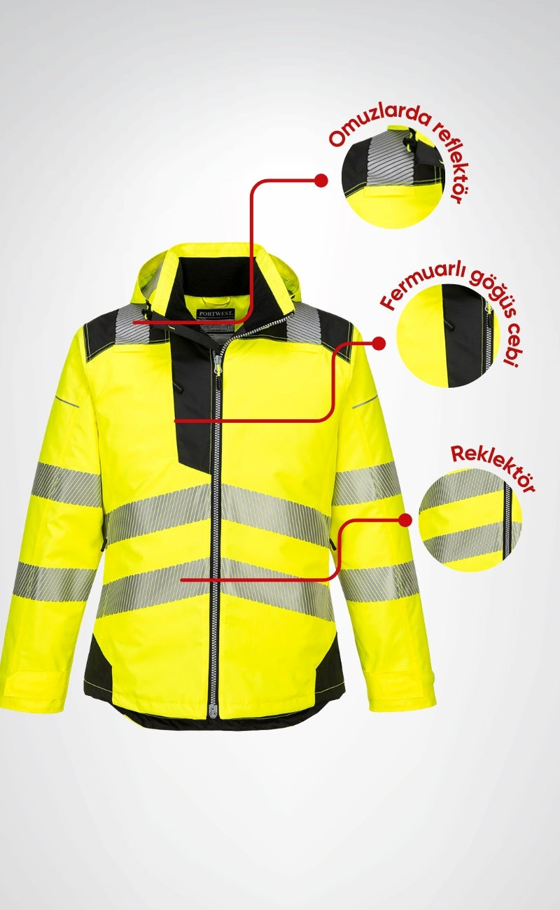 Portwest T400 PW3 Hi-Vis Kışlık Reflektörlü Su Geçirmez Kapüşonlu Sarı İş Montu