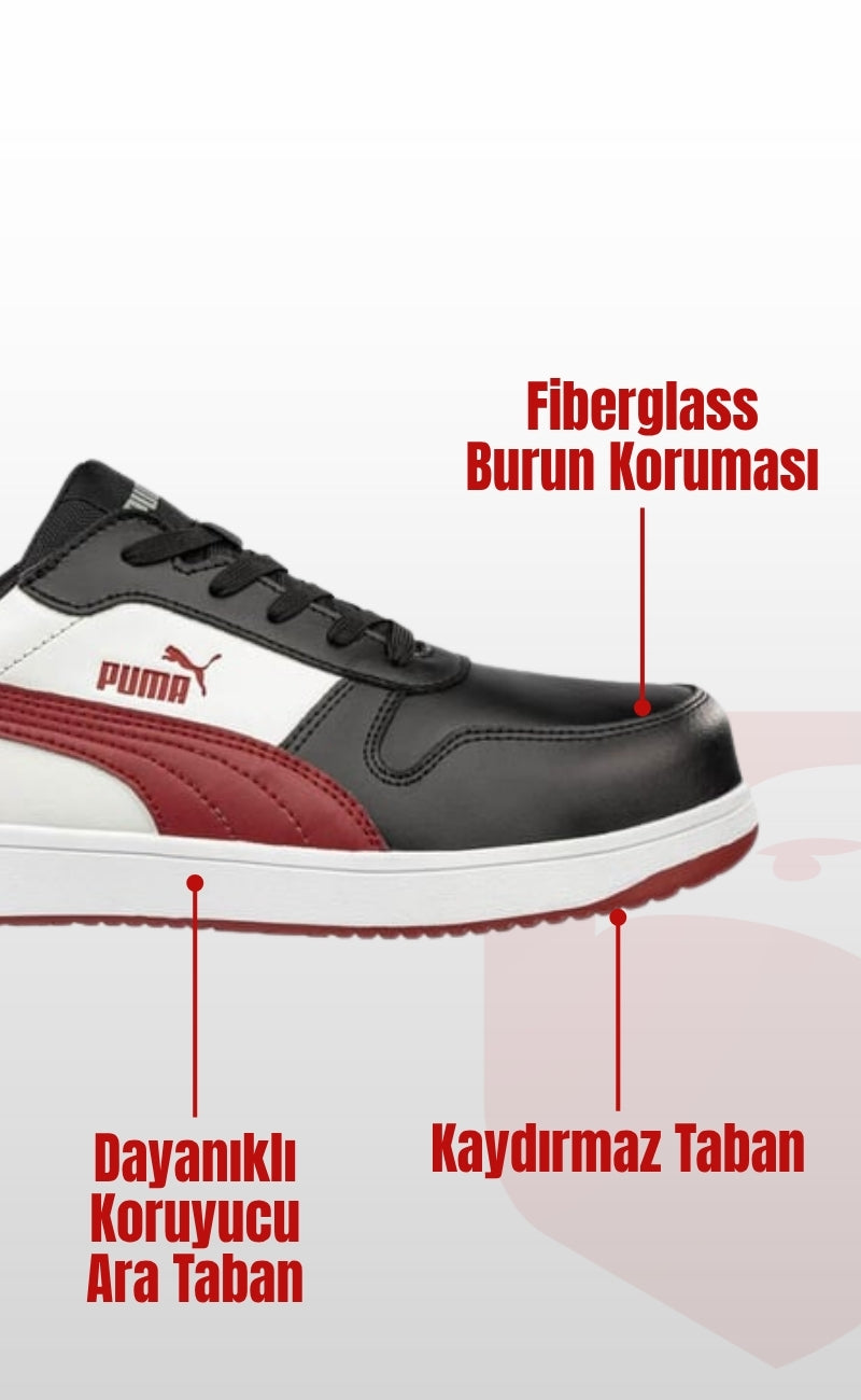 Puma Safety Frontcourt Low S3L ESD Fiberglass Burunlu Spor İş Güvenliği Ayakkabısı Siyah Kırmızı Pro