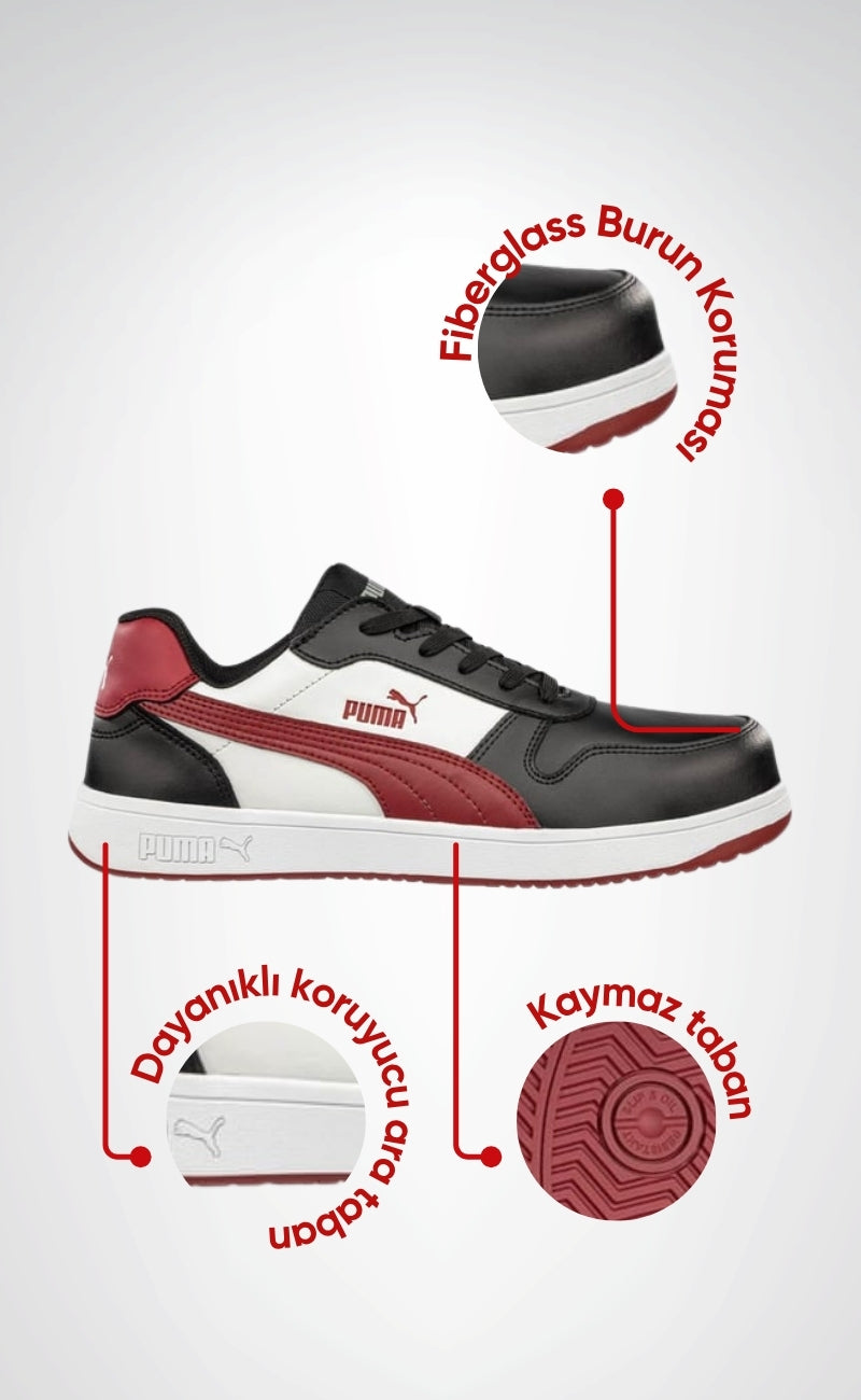 Puma Safety Frontcourt Low S3L ESD Fiberglass Burunlu Spor İş Güvenliği Ayakkabısı Siyah Kırmızı Pro