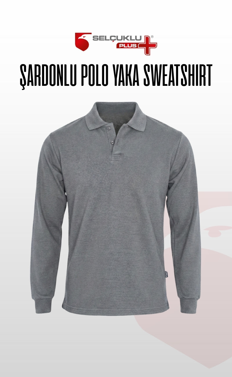 Şardonlu Pike 2 İplik Polo Yaka Gri, Lacivert ve Siyah Uzun Kollu Rahat İş Sweatshirt