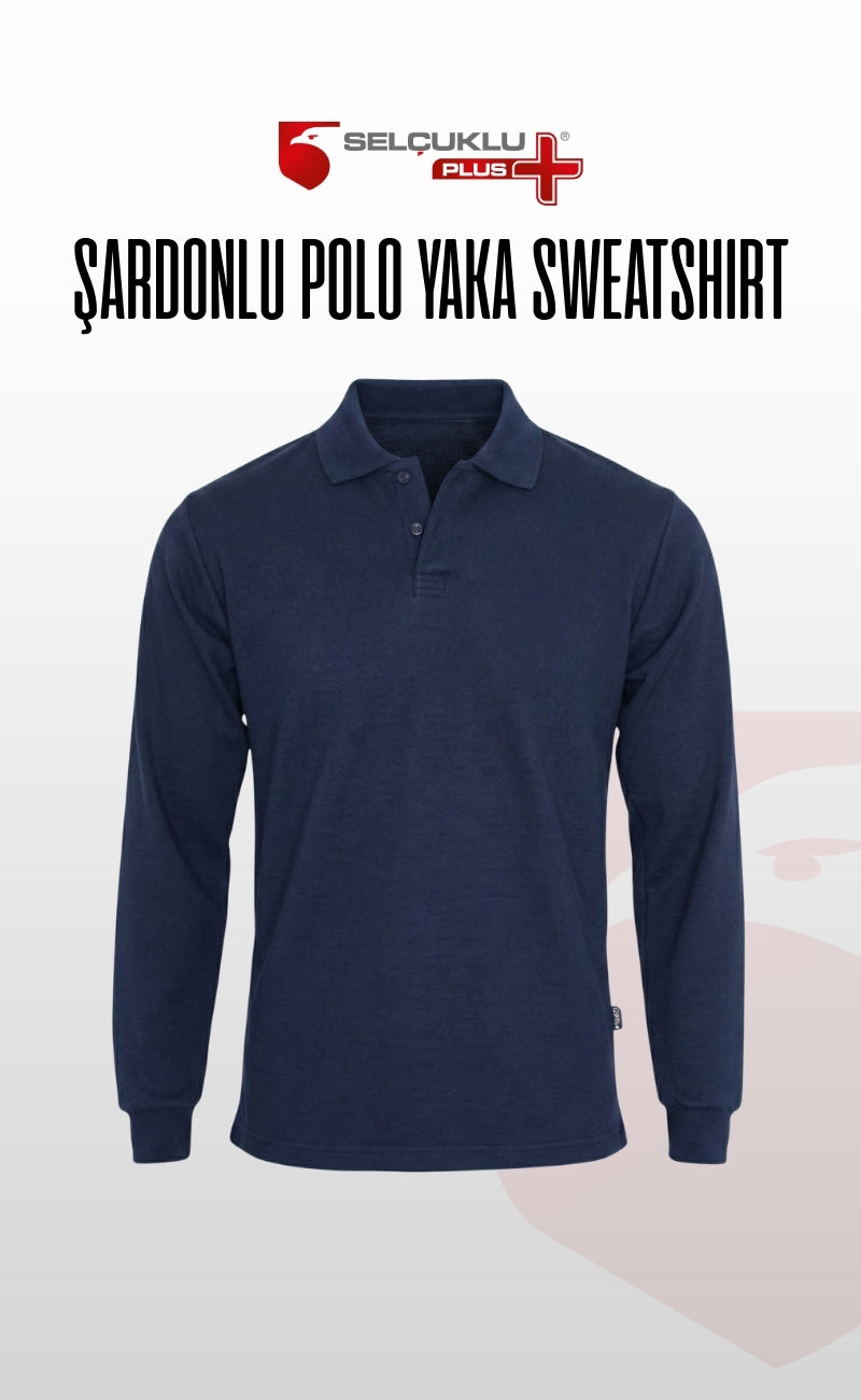 Şardonlu Pike 2 İplik Polo Yaka Gri, Lacivert ve Siyah Uzun Kollu Rahat İş Sweatshirt