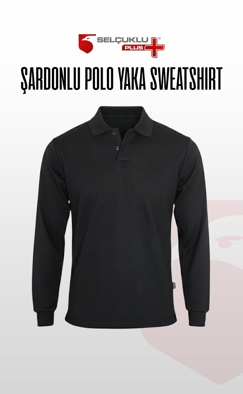 Şardonlu Pike 2 İplik Polo Yaka Gri, Lacivert ve Siyah Uzun Kollu Rahat İş Sweatshirt