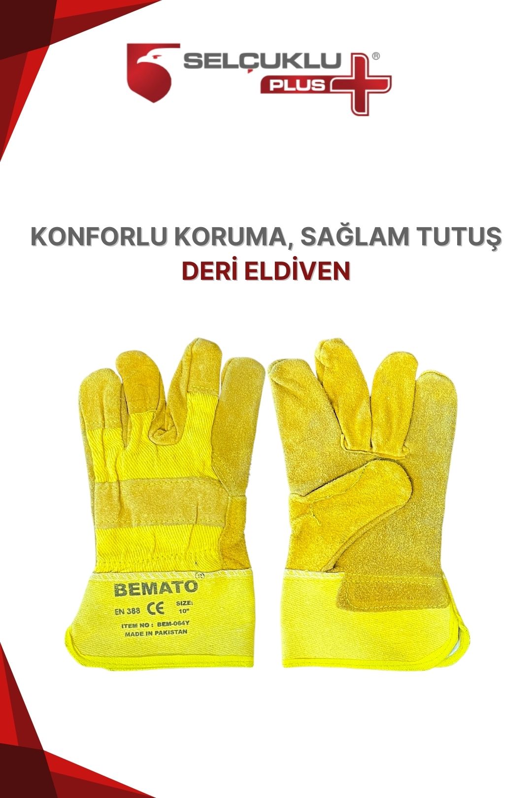 Sarı Deri İş Eldiveni Selçuklu Plus EN 388 Belgeli Mekanik Koruma