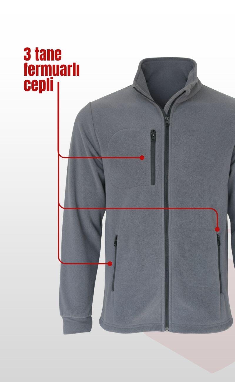 Tam Fermuarlı 3 Cepli Polar Hırka – Koyu Gri, Uzun Kollu, Yumuşak Polar Kumaş, İş Elbisesi ve Soğuk Hava için Rahat Erkek Üst Giyim