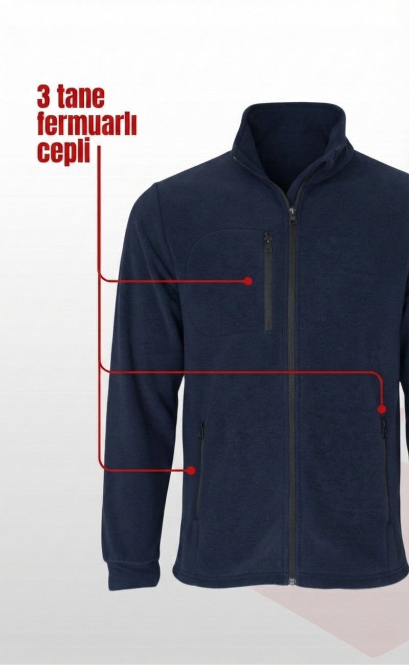 Tam Fermuarlı 3 Cepli Polar Hırka – Koyu Gri, Uzun Kollu, Yumuşak Polar Kumaş, İş Elbisesi ve Soğuk Hava için Rahat Erkek Üst Giyim