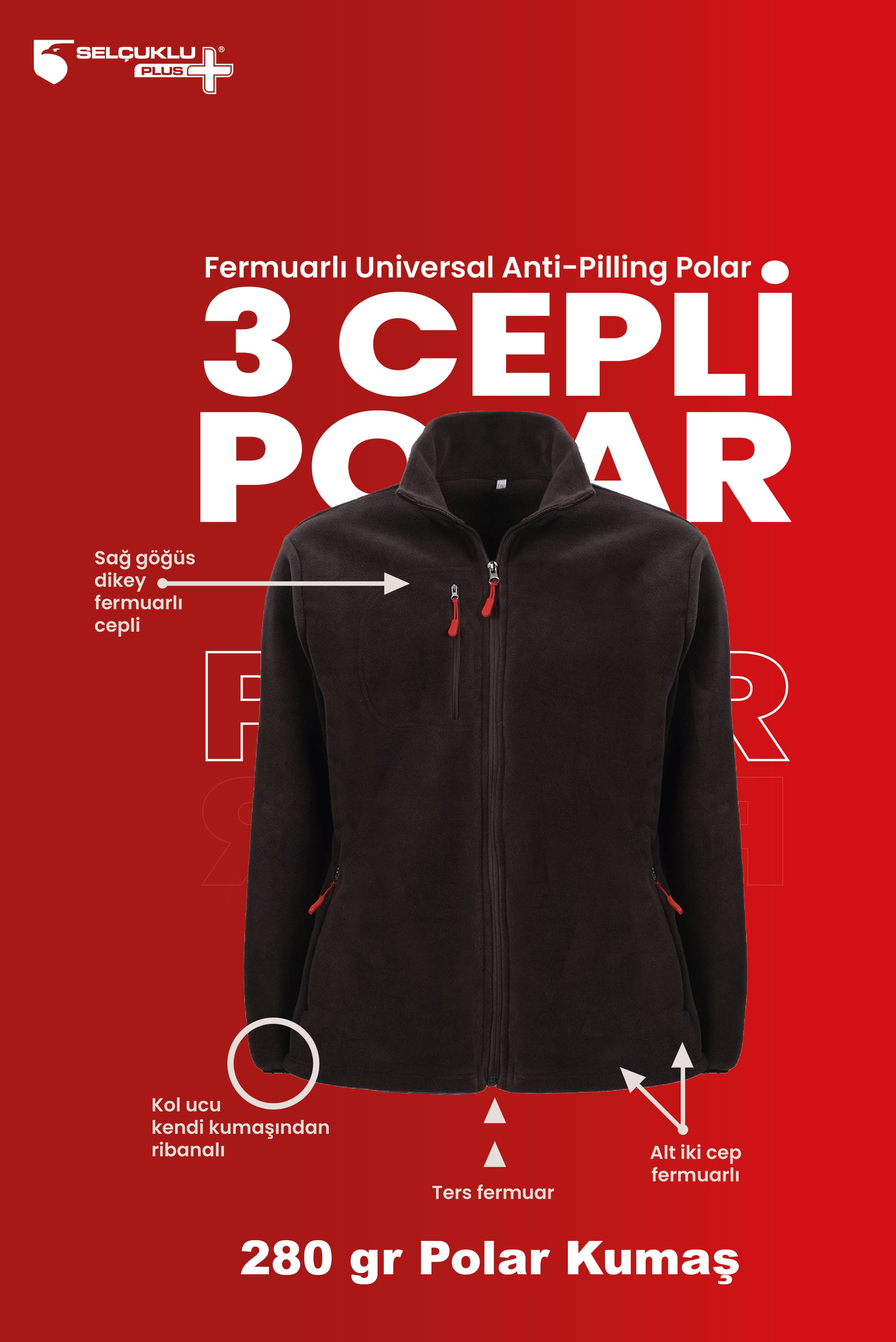 Tam Fermuarlı 3 Cepli Polar Siyah Hırka