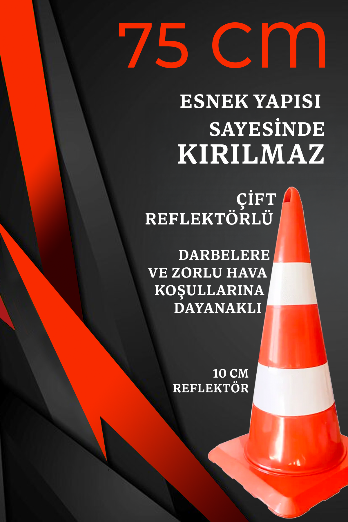 75 CM Esnek Trafik Konisi – Çift Reflektörlü, Dayanıklı ve Kırılmaz