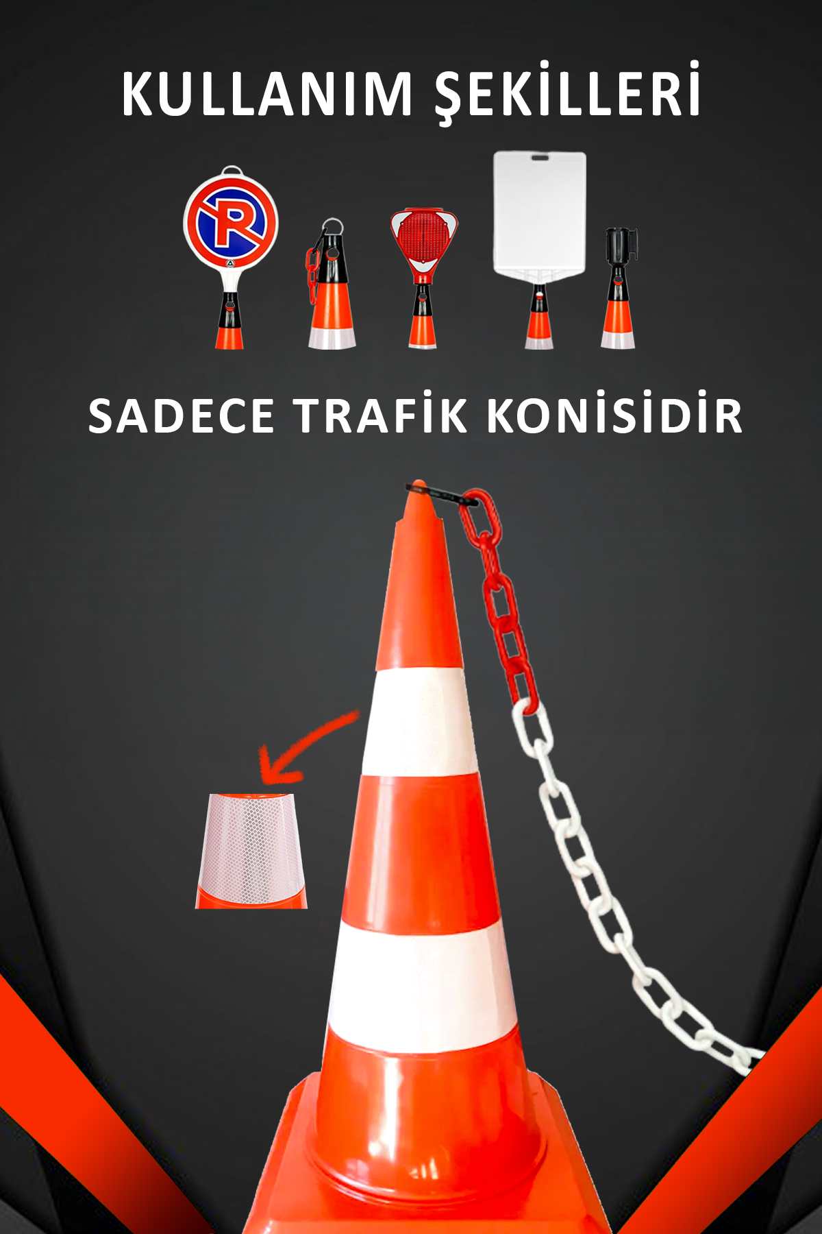 75 CM Esnek Trafik Konisi – Çift Reflektörlü, Dayanıklı ve Kırılmaz