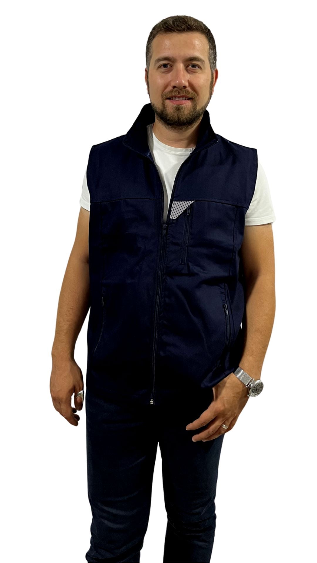 Yazlık İş Yeleği 16/12 Gabardin - 3 Cepli, Fermuarlı, Çizgi Reflektörlü, %100 Pamuk Kumaş